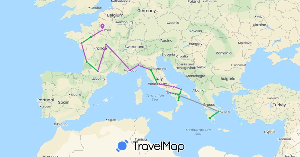 TravelMap itinerary: driving, bus, plane, train, boat in France, Greece, Italy, Monaco (Europe)